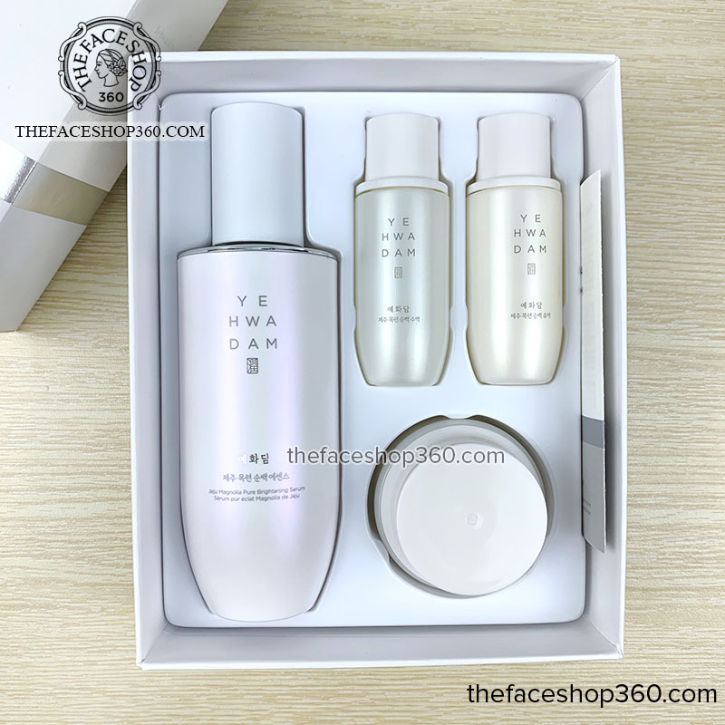 Mở hộp Bộ dưỡng trắng sáng da Yehwadam Jeju Magnolia Pure Brightening Serum Special Gift Set 4 Sản phẩm
